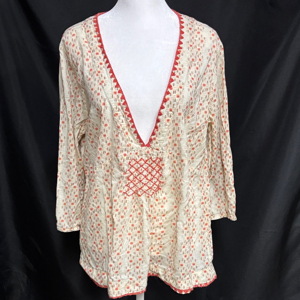 Eddie Bauer Cream Blouse with Red and Pink Patterns